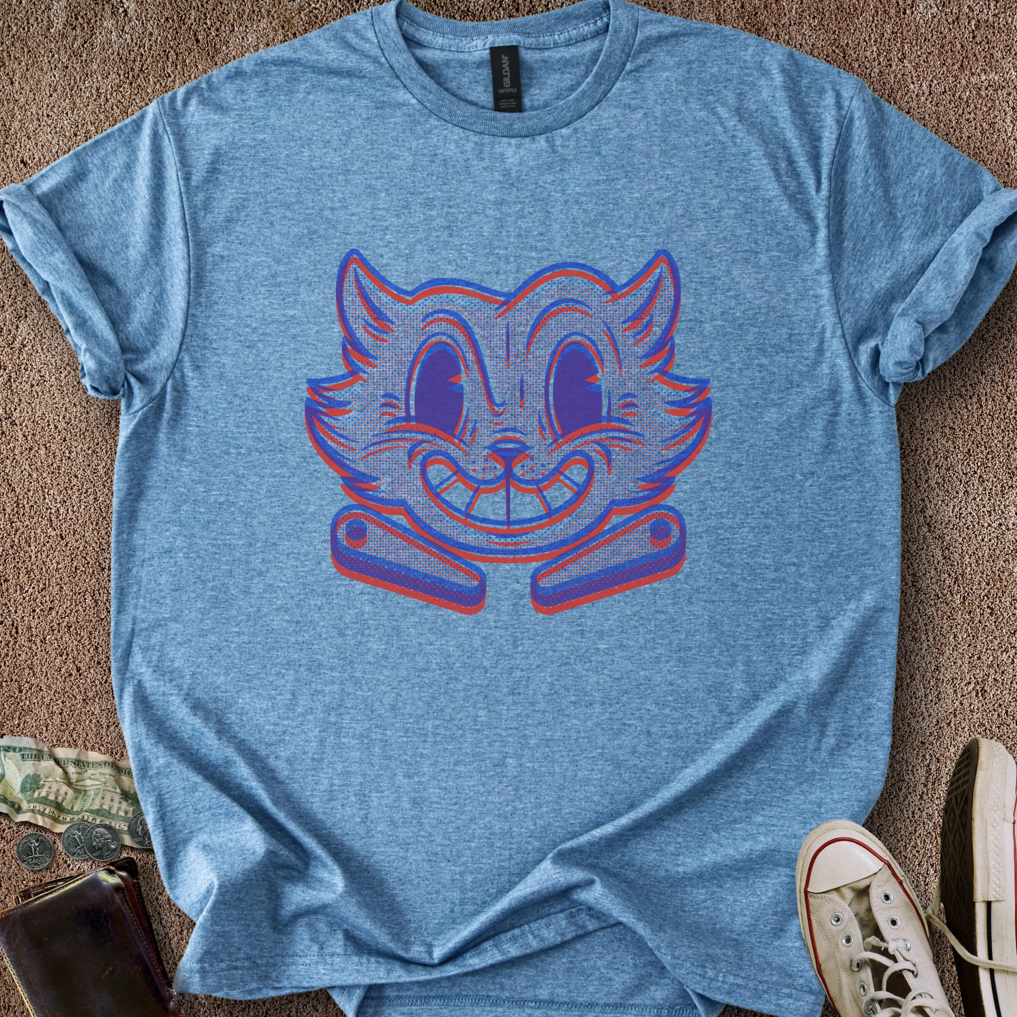 Printify T-Shirt Heather Indigo / S Risograph Pinball Cat T-Shirt