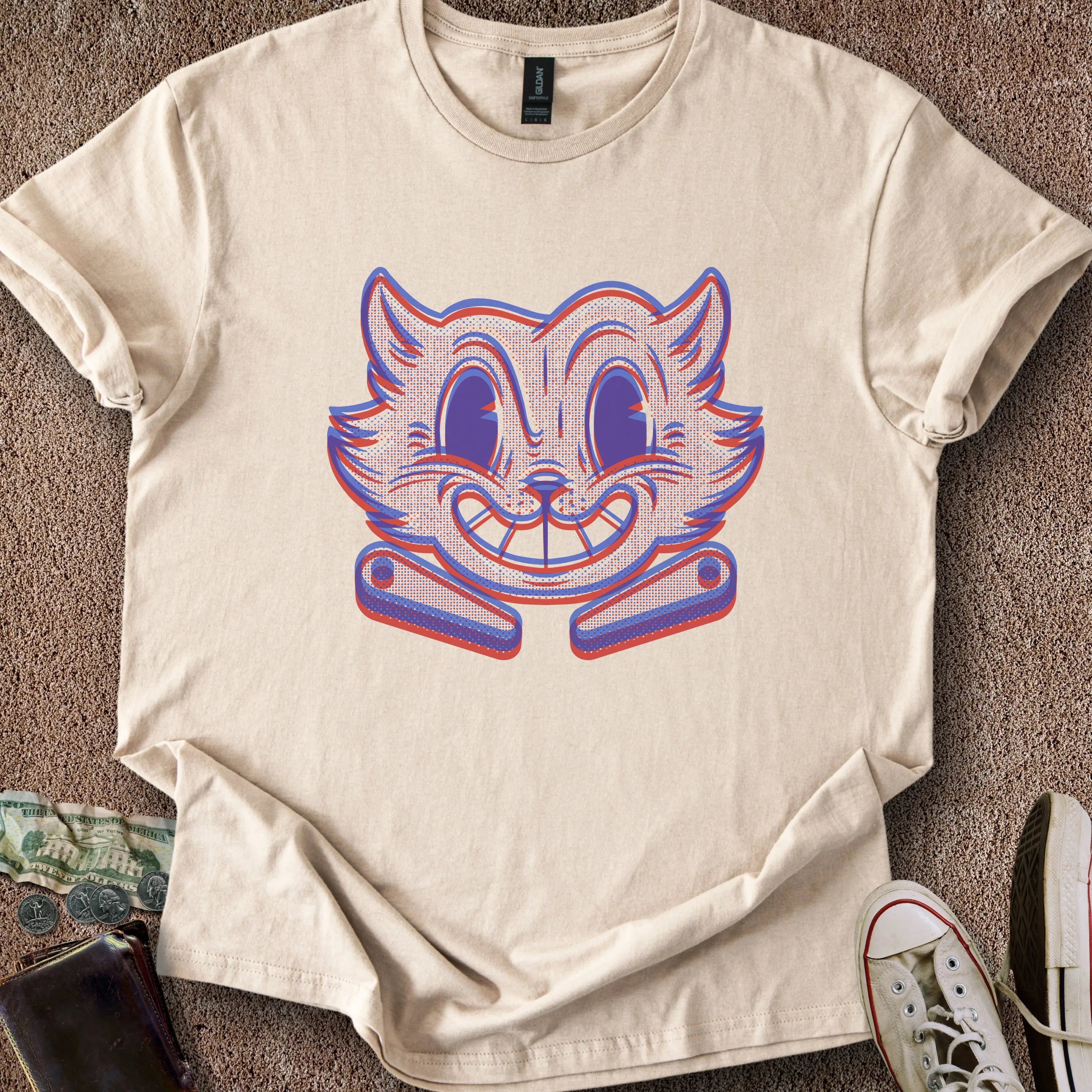 Printify T-Shirt Sand / S Risograph Pinball Cat T-Shirt