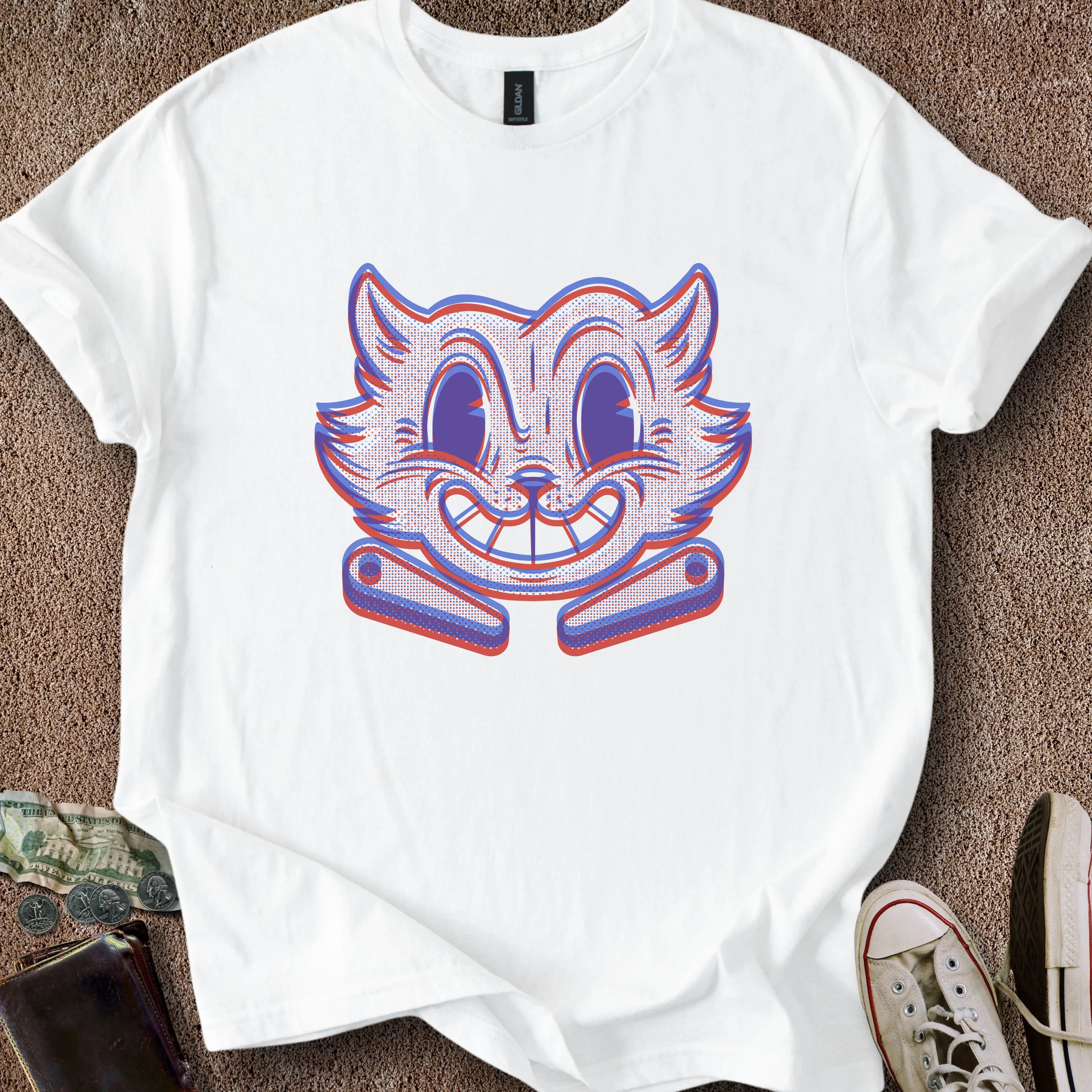 Printify T-Shirt White / S Risograph Pinball Cat T-Shirt